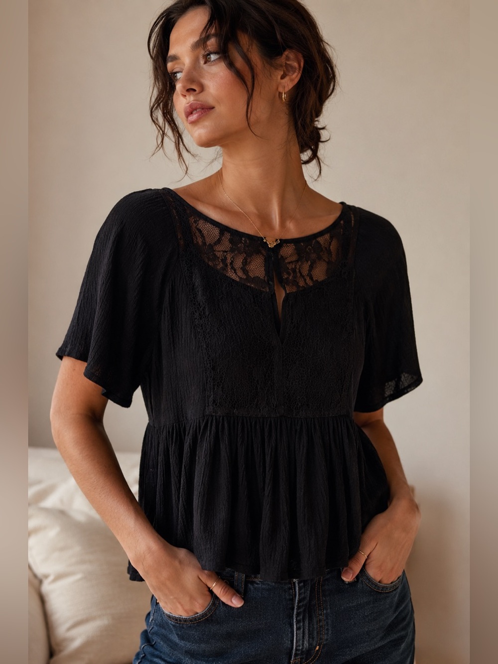 Black Lace Babydoll Top | Sheer Romantic Y2K Coquette Boho